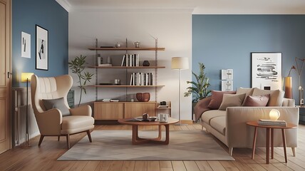 Beige armchair near sofa. Book shelf and floor lamp against blue wall. Scandinavian home interior design of modern living room..