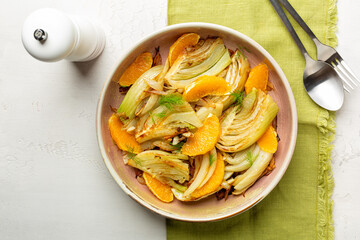Roasted Fennel with onion, garlic and oranges. Vegetarian salad. Directly above.