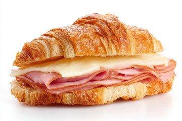 Delicious Croissant Sandwich Close Up Shot with Ham and Cheese on Bright White Background