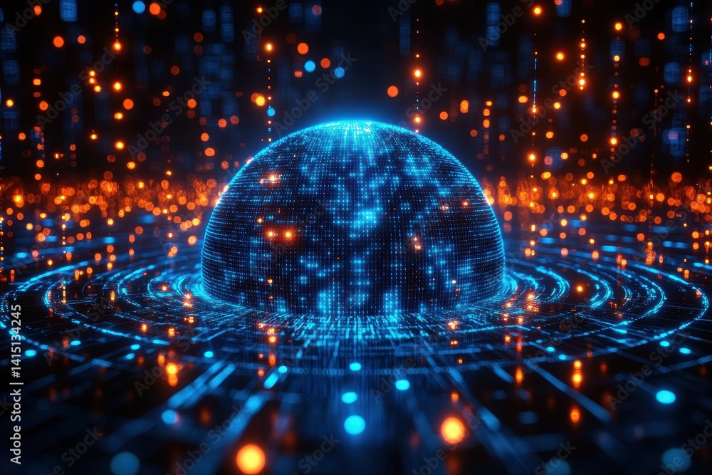 Poster digital globe with glowing lines and particles representing technology and data visualization in a f