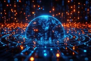 Obraz premium Digital globe with glowing lines and particles representing technology and data visualization in a futuristic environment