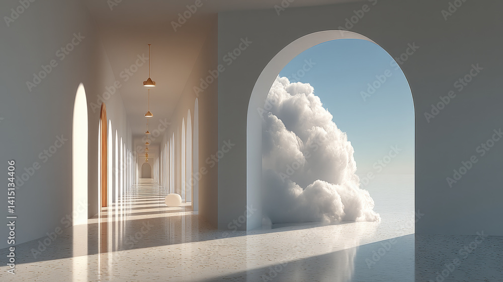 Poster minimalist white hallway with arched openings leads to surreal view of clouds, creating serene and d
