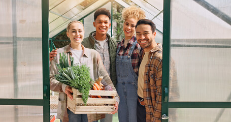 Greenhouse, farming group and harvest portrait, people happy with crate of vegetable crops and...