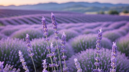 Obraz premium Lavender Field at Sunrise with Distant Mountains