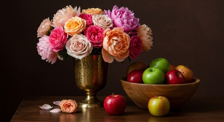 Obraz premium Still Life: Golden Vase, Blossoms, and Apples - A vibrant still life showcasing a gold vase filled with pink and peach flowers, complemented by a bowl of colorful apples. Symbolizing beauty