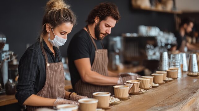 food safety contamination health. Baristas Serving Coffee in Cups While Wearing Masks at a Cafe Countertop During the Pandemic.