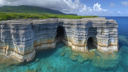 Coastal cliffs reveal caves as turquoise waters gently lap beneath topped with lush vegetation and distant mountains un