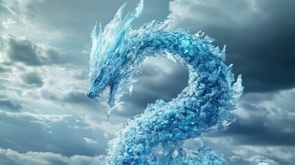 A mythical blue dragon rises over cloudy skies, icy body glowing with ancient energy