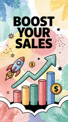 "Boost Your Sales " text pastel infographic with rocket, chart and dollar icons text
