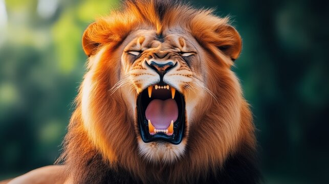 Lion is roaring with its mouth open. The lion is in a forest with green trees. The lion is looking at the camera