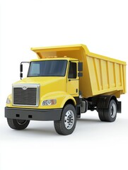Bright yellow dump truck parked on a construction site with tools and materials in the background