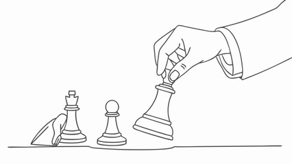 Elegant continuous line vector of a hand moving a chess piece forward, symbolizing strategy, leadership, and forward planning—perfect for business icons, coaching visuals, or decision-making