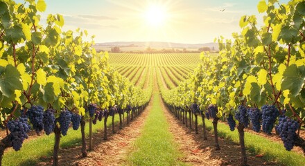 Fototapeta premium Sunlit Vineyard Rows at Harvest Time - Abundant grapes ripening under the sun, symbolizing growth, harvest, abundance, nature's bounty, and winemaking