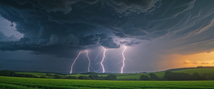 arafed image of a field with a lightning bolt in the sky