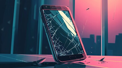 Cartoon smartphone with a cracked screen and glitch effects