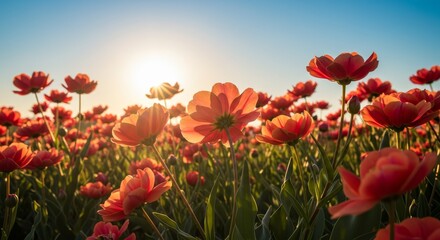 Obraz premium Sunrise Bloom Petals and Sunny Sky - Vibrant orange flowers bathed in golden sunlight, symbolizing hope, new beginnings, beauty, nature's artistry, and life's simple joys