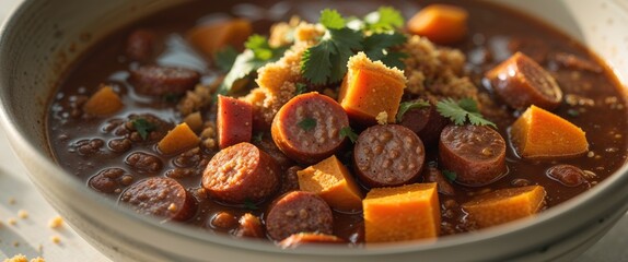 Hearty Chili Recipe with Sweet Potatoes and Sausage.