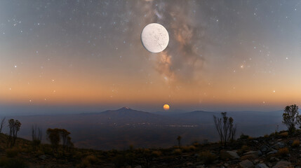 Obraz premium Mountain view at dusk with bright moon soft sky filled with stars City lights glow in the valley below horizon with