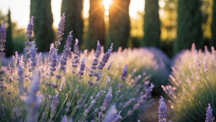 Obraz premium Lavender Field at Sunset with Tall Green Trees