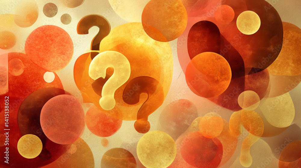 Poster Abstract background with overlapping orange and brown circles and question marks, suggesting uncertainty, inquiry, or the search for answers