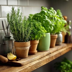 food safety contamination health. Culinary Herb Collection Rosemary Basil and Parsley in Kitchen Garden Pots on Wooden Shelf Display.