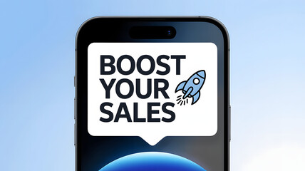 Obraz premium Boost Your Sales minimalist rocket sticker on mobile screen with blue gradient text 