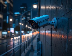 A modern security camera mounted on a building wall, captured at night with a moody city background and soft bokeh lights.