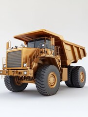 Fototapeta premium Heavy-duty yellow dump truck positioned on a plain background, showcasing its robust design and large tires