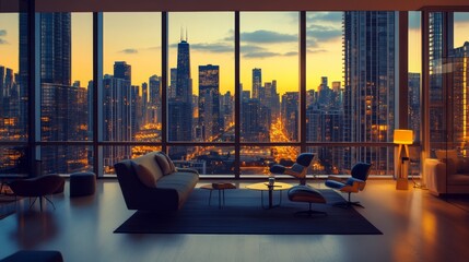 modern high-rise apartment with floor-to-ceiling windows overlooking a city skyline at dusk, sleek contemporary furnishings, warm ambient lighting, and a stylish open-concept layout 