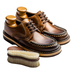Brown leather shoes and shoe brush elegant footwear care,