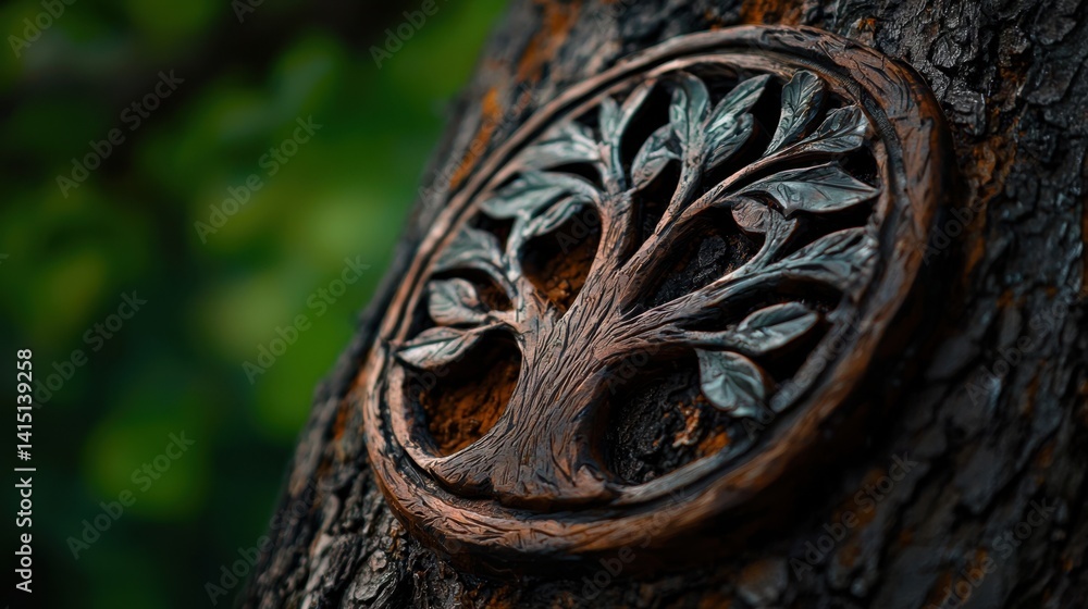 Poster a tree carved into a round shape with leaves
