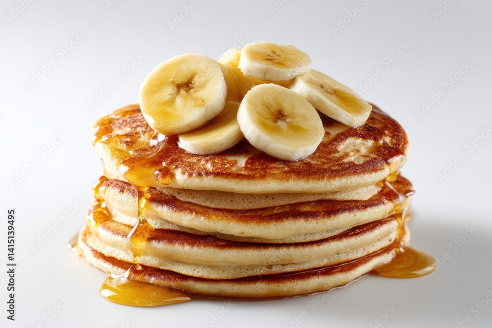 Poster delicious stack of fresh pancakes topped with sliced bananas and dripping syrup on a white setting c