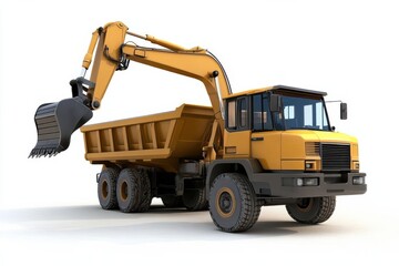Fototapeta premium Yellow construction dump truck with an excavator arm on a plain white background, showcasing machinery