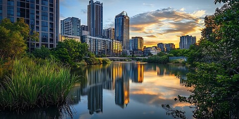 Fototapeta premium Spectacular Cityscape Reflection at Sunset, Capturing the Essence of Urban Serenity