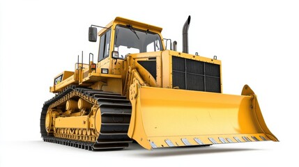 Fototapeta premium Heavy yellow bulldozer on a white background, showcasing its powerful blade and tracks