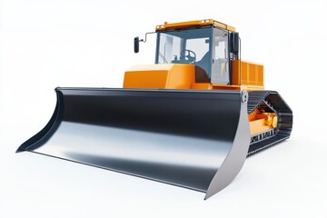 Heavy machinery with a large blade, positioned on a white background, ready for construction work
