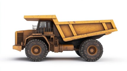 Large yellow dump truck side view on a white background, showcasing its rugged design and functionality