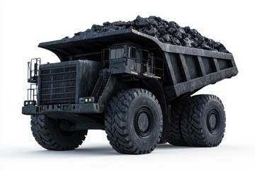 Large mining truck loaded with coal, set against a clean white background showcasing its size