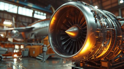 Fototapeta premium Closeup of a jet engine in an aircraft factory, in the hyper realistic style, rendered in Octane