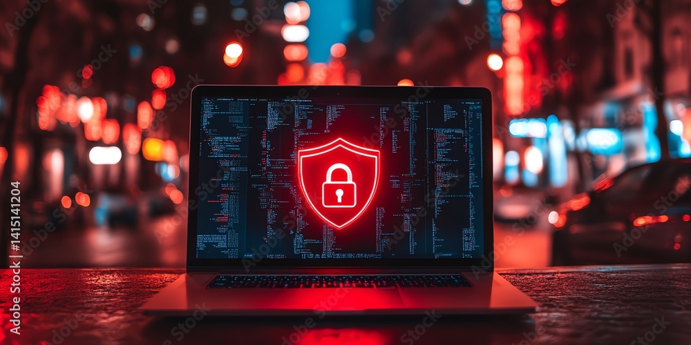 Poster a laptop displays a red shield and lock icon on a screen filled with code, set against a blurry city
