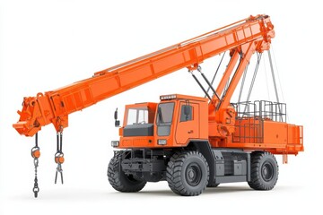 Fototapeta premium Heavy orange crane lifting equipment at a construction site with clear blue sky background