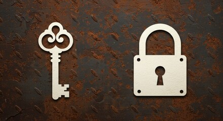 Vintage Key and Padlock Escape Room Game Banner - Escape room concept. Vintage key, padlock, mystery, challenge, solution. Rusty grunge background, papercut