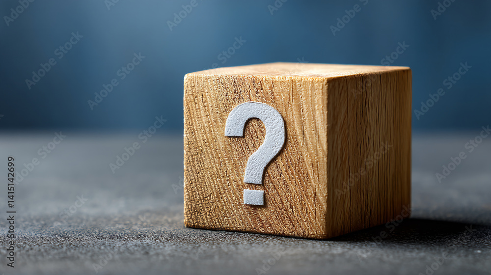 Poster wooden cube with white question mark, showcasing uncertainty or inquiry, suitable for concept or pro
