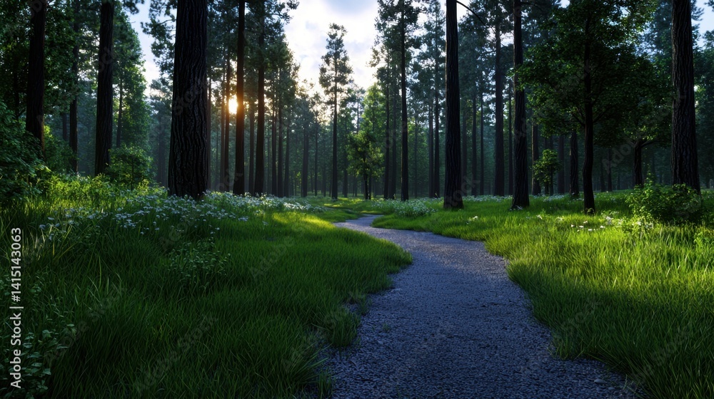 Aufkleber a path through a forest with a sun shining through the trees