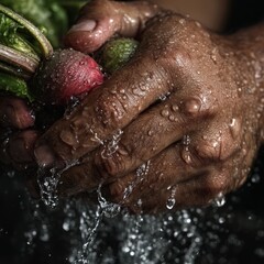 Fototapeta premium food safety contamination health. Handful of Fresh Radishes Washed Under Water Splashes in the Kitchen for Preparing Meal or Salad.