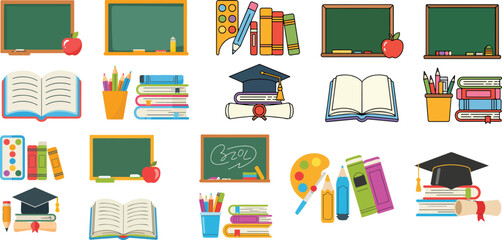  Colorful vector illustrations of school supplies including books, pencils, chalkboards, and graduation caps. Ideal for educational themes, classroom design, back-to-school projects, and learning reso