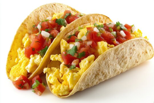 Scrumptious breakfast taco delight vibrant egg scramble fresh salsa on tortilla shell appetizing meal close up view