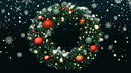 Festive Christmas wreath with ornaments and lights on a dark background with snowflakes. Holiday season concept.