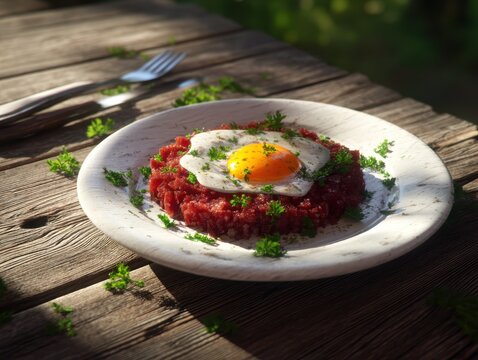 Delicious steak tartare with egg and parsley garnish served on rustic wooden table in sunlight