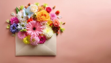 Colorful floral bouquet emerging from envelope on pink background